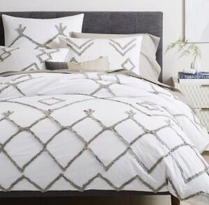 2 West Elm Lattice Candlewick EURO Pillow Shams Shaggy Fringe Gray White